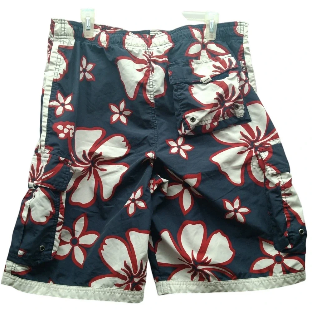 Graphite Swim Mens Hibiscus Floral Board Shorts Navy Blue Red White Size Medium